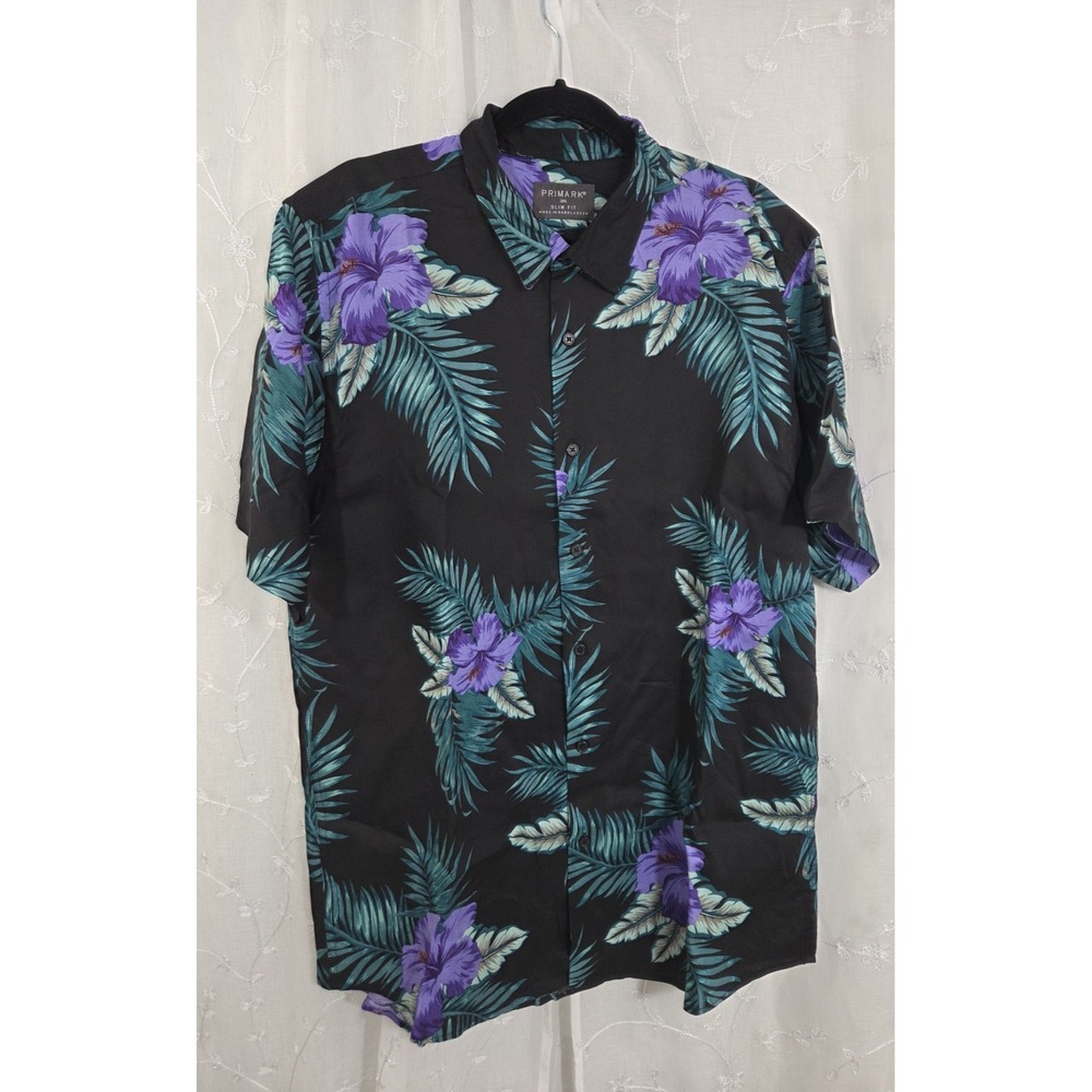 Primark Slim Fit Black Hawaiian Button Short Sleeve Shirt 2XL Purple Hibiscus - Picture 1 of 10